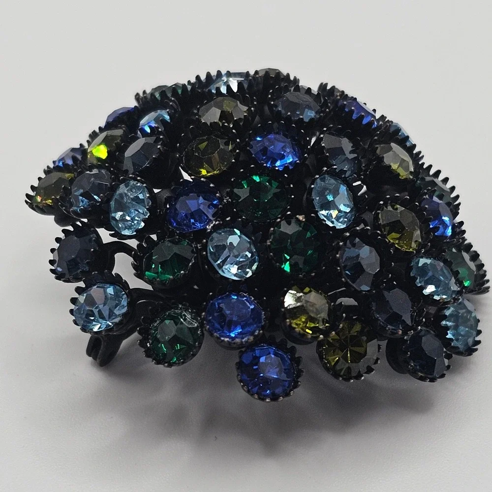 Vtg Rhinestone Brooch Dome Cluster Japanned Peacock Blue Green Statement 2